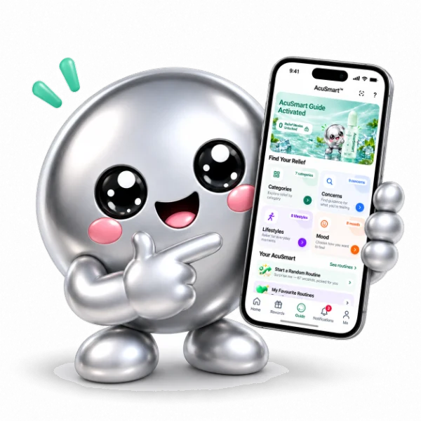 Dippie pointing at the AcuSmart app on a phone